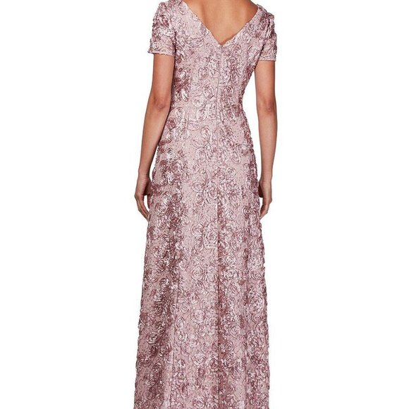 Alex Evenings Rosette A-Line Gown Sequins Short Sleeve in Rose Pink Size 18 - Picture 2 of 16